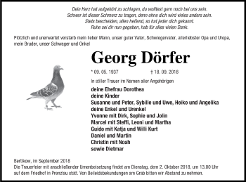 Traueranzeige von Georg Dörfer von Prenzlauer Zeitung