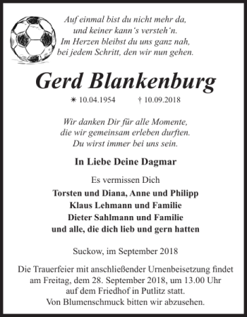 Traueranzeige von Gerd Blankenburg von Parchimer Zeitung