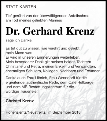 Traueranzeige von Gerhard Krenz von Neubrandenburger Zeitung