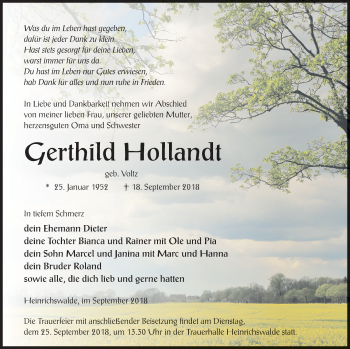 Traueranzeige von Gerthild Hollandt von Haff-Zeitung