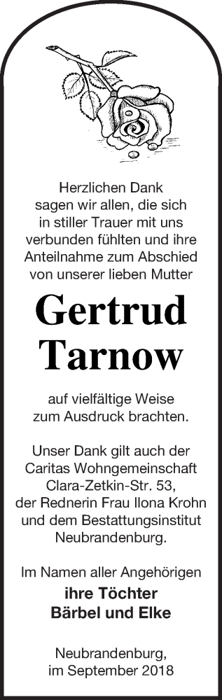 Traueranzeige von Gertrud Tarnow von Neubrandenburger Zeitung