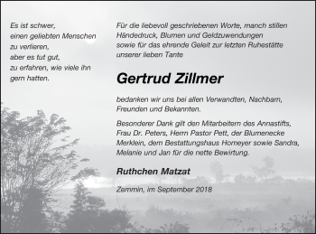 Traueranzeige von Gertrud Zillmer von Vorpommern Kurier