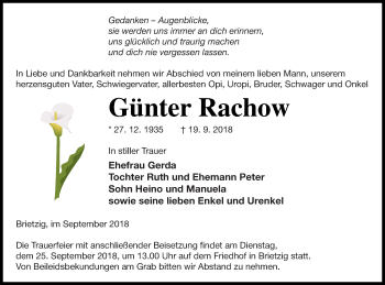 Traueranzeige von Günter Rachow von Pasewalker Zeitung