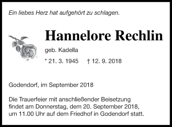 Traueranzeige von Hannelore Rechlin von Strelitzer Zeitung