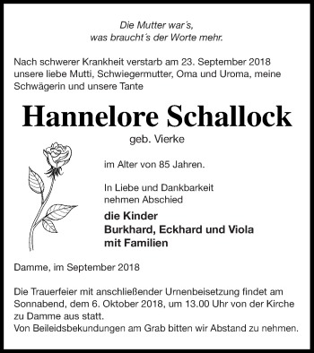 Traueranzeige von Hannelore Schallock von Prenzlauer Zeitung