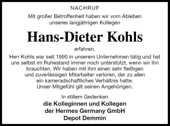 Traueranzeige von Hans-Dieter Kohls von Demminer Zeitung