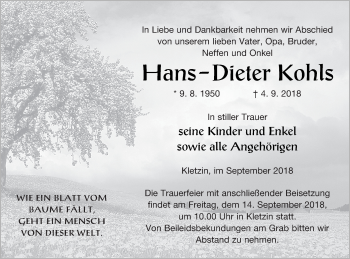 Traueranzeige von Hans-Dieter Kohls von Demminer Zeitung