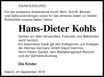 Traueranzeige von Hans-Dieter Kohls von Demminer Zeitung