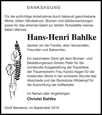 Traueranzeige von Hans-Henri Bahlke von Neubrandenburger Zeitung