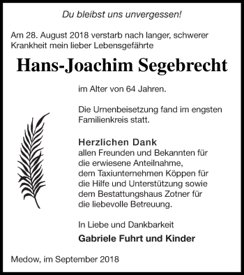 Traueranzeige von Hans-Joachim Segebrecht von Vorpommern Kurier