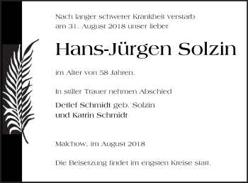 Traueranzeige von Hans-Jürgen Solzin von Müritz-Zeitung
