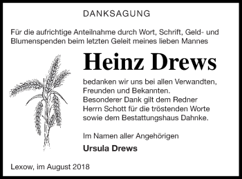 Traueranzeige von Heinz Drews von Müritz-Zeitung