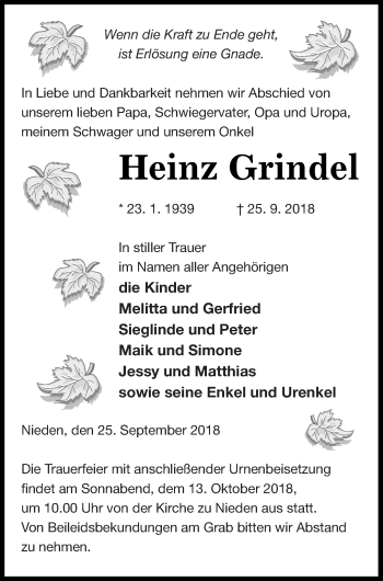 Traueranzeige von Heinz Grindel von Pasewalker Zeitung