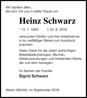 Traueranzeige von Heinz Schwarz von Müritz-Zeitung