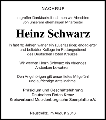 Traueranzeige von Heinz Schwarz von Müritz-Zeitung