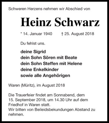 Traueranzeige von Heinz Schwarz von Müritz-Zeitung