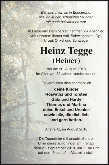 Traueranzeige von Heinz Tegge von Strelitzer Zeitung