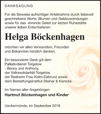 Traueranzeige von Helga Böckenhagen von Haff-Zeitung