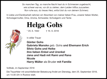 Traueranzeige von Helga Gohs von Vorpommern Kurier