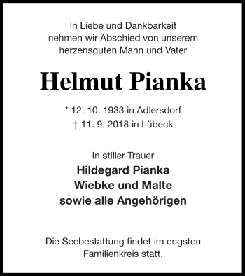 Traueranzeige von Helmut Pianka von Templiner Zeitung