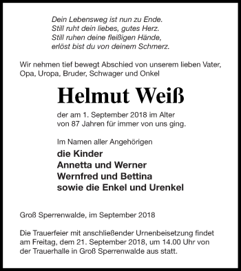 Traueranzeige von Helmut Weiß von Prenzlauer Zeitung