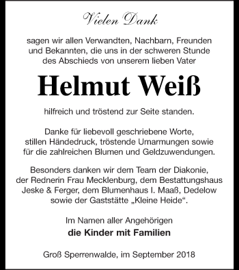 Traueranzeige von Helmut Weiß von Prenzlauer Zeitung