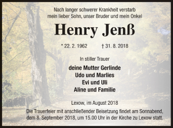 Traueranzeige von Henry Jenß von Müritz-Zeitung