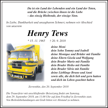 Traueranzeige von Henry Tews von Pasewalker Zeitung