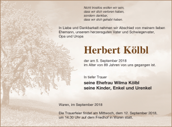 Traueranzeige von Herbert Kölbl von Müritz-Zeitung