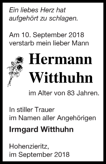 Traueranzeige von Hermann Witthuhn von Strelitzer Zeitung