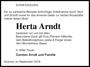 Traueranzeige von Herta Arndt von Prenzlauer Zeitung