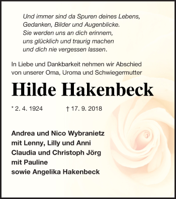 Traueranzeige von Hilde Hakenbeck von Müritz-Zeitung