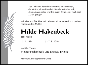 Traueranzeige von Hilde Hakenbeck von Müritz-Zeitung