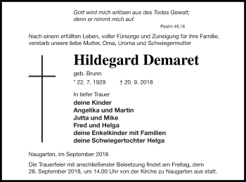 Traueranzeige von Hildegard Demaret von Prenzlauer Zeitung