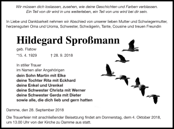 Traueranzeige von Hildegard Sproßmann von Prenzlauer Zeitung