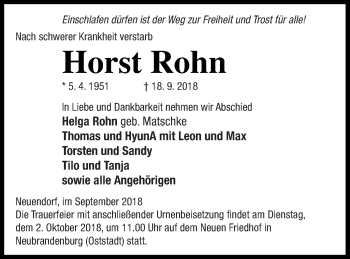 Traueranzeige von Horst Rohn von Neubrandenburger Zeitung