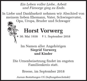 Traueranzeige von Horst Vorwerg von Der Prignitzer