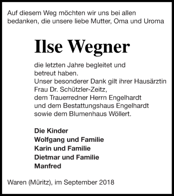 Traueranzeige von Ilse Wegner von Müritz-Zeitung