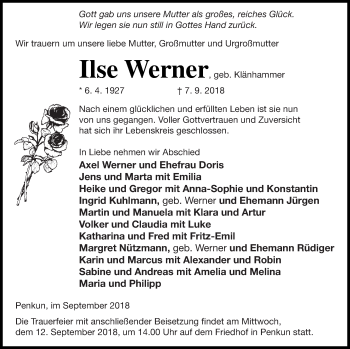 Traueranzeige von Ilse Werner von Pasewalker Zeitung