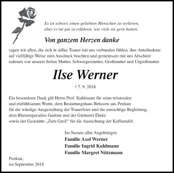 Traueranzeige von Ilse Werner von Pasewalker Zeitung