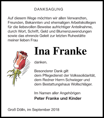 Traueranzeige von Ina Franke von Templiner Zeitung