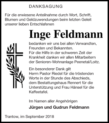 Traueranzeige von Inge Feldmann von Vorpommern Kurier