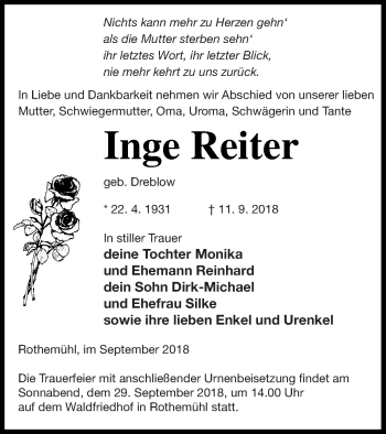 Traueranzeige von Inge Reiter von Haff-Zeitung