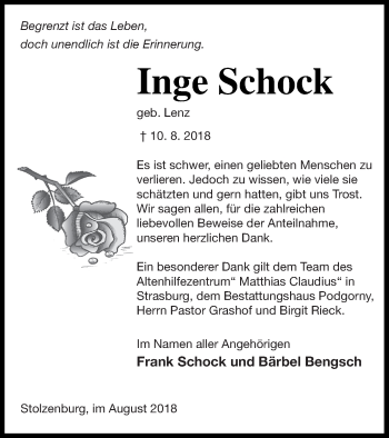 Traueranzeige von Inge Schock von Pasewalker Zeitung