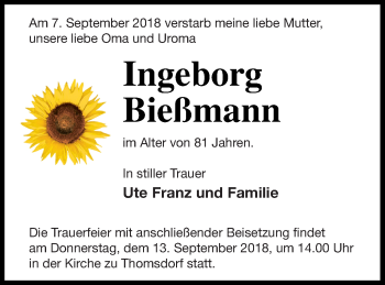 Traueranzeige von Ingeborg Bießmann von Mecklenburger Schweiz