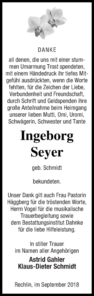 Traueranzeige von Ingeborg Seyer von Müritz-Zeitung