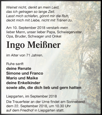 Traueranzeige von Ingo Meißner von Haff-Zeitung