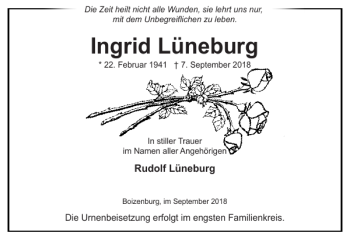 Traueranzeige von Ingrid Lüneburg von Hagenower Kreisblatt