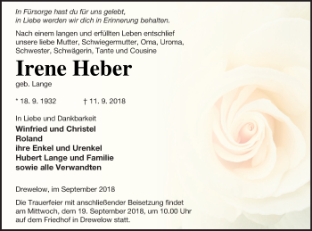 Traueranzeige von Irene Heber von Vorpommern Kurier