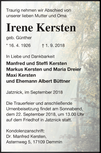 Traueranzeige von Irene Kersten von Haff-Zeitung